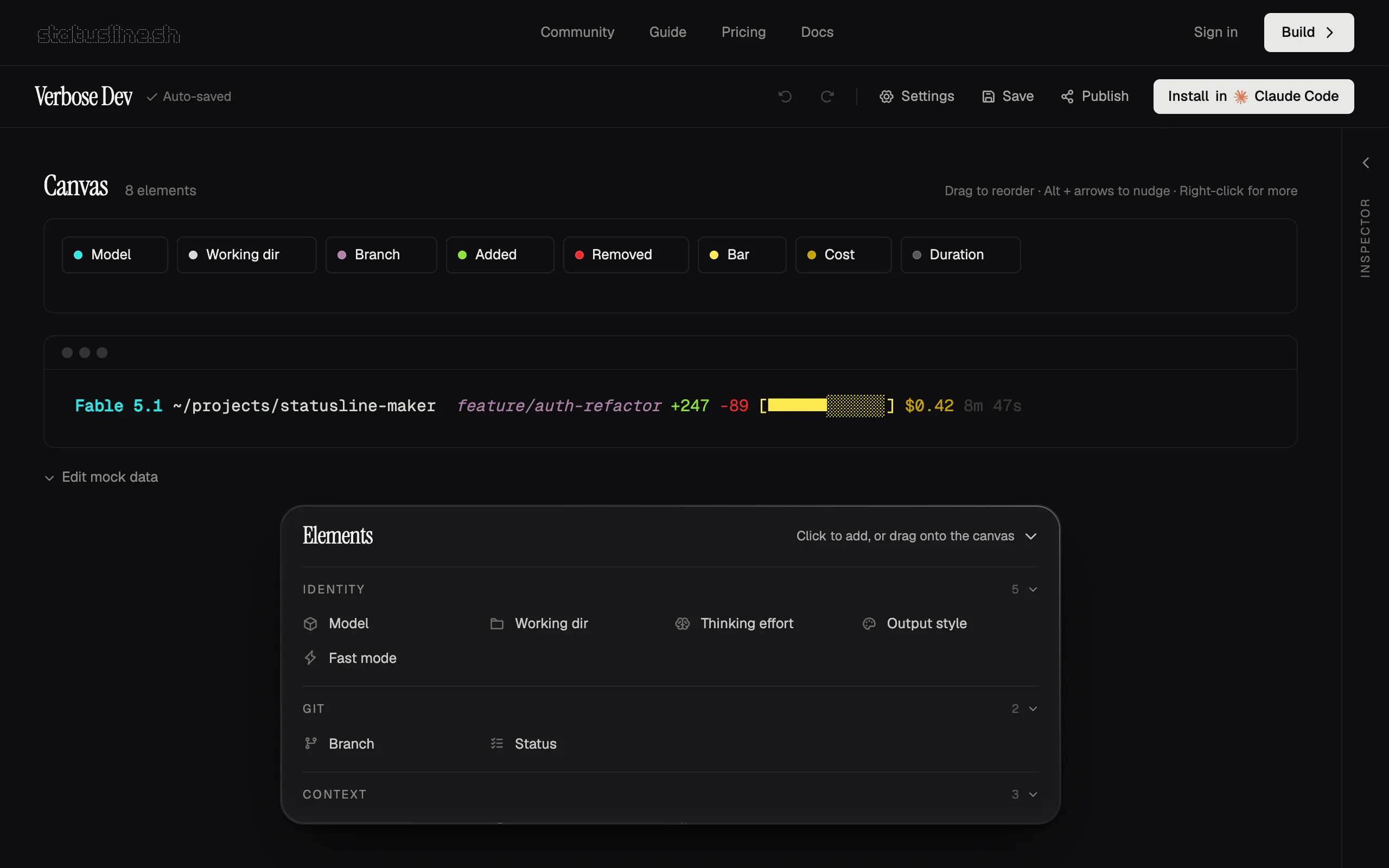 The statusline.sh builder showing the Verbose Dev template: eight element chips on the canvas, a live terminal preview of the statusline above, and the Elements drawer open at the bottom with Identity and Git groups.