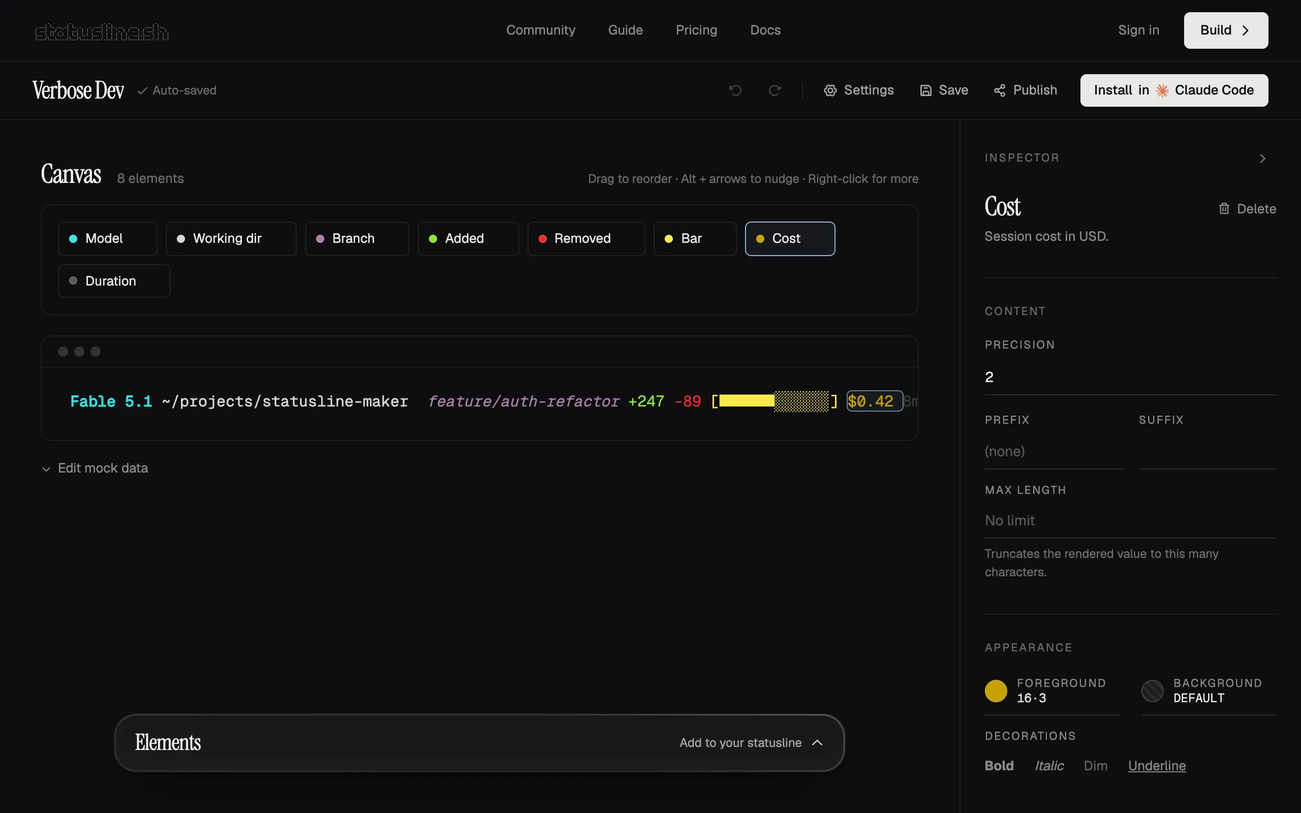 The statusline.sh builder with the Cost element selected. The Inspector panel on the right shows Content settings (precision, prefix, suffix, max length), Appearance (foreground and background color) and Decorations (bold, italic, dim, underline).