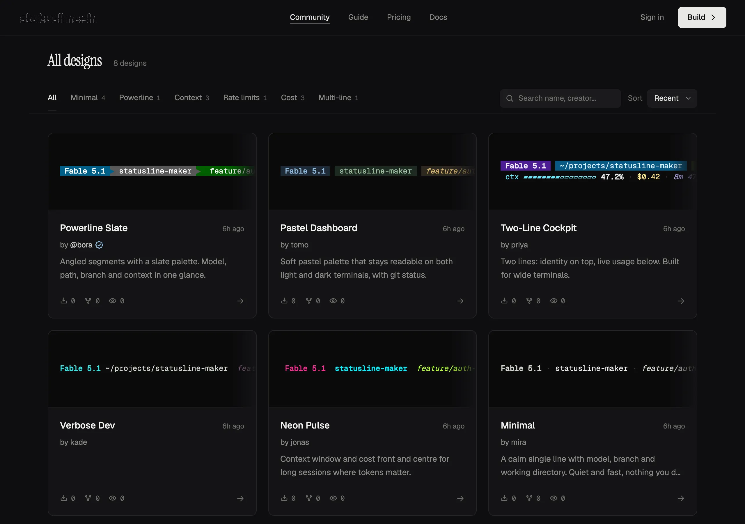 The statusline.sh community gallery: a grid of statusline design cards, each with a live terminal preview, author, description and install, fork and view counts, plus filter tabs for Minimal, Powerline, Context, Rate limits, Cost and Multi-line.