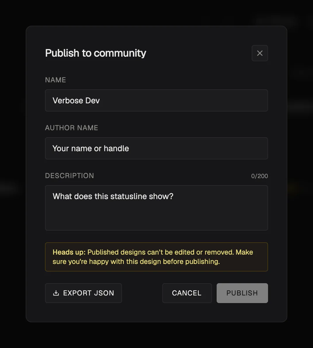 The Publish to community dialog with Name, Author name and Description fields, a warning that published designs can't be edited or removed, and Export JSON, Cancel and Publish buttons.